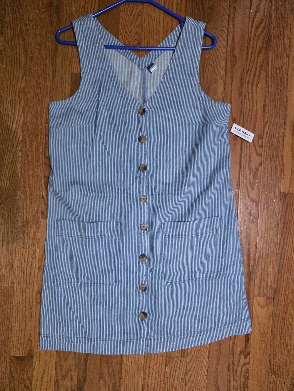 Old Navy Blue and White Striped Button-Front Pinafore Dress